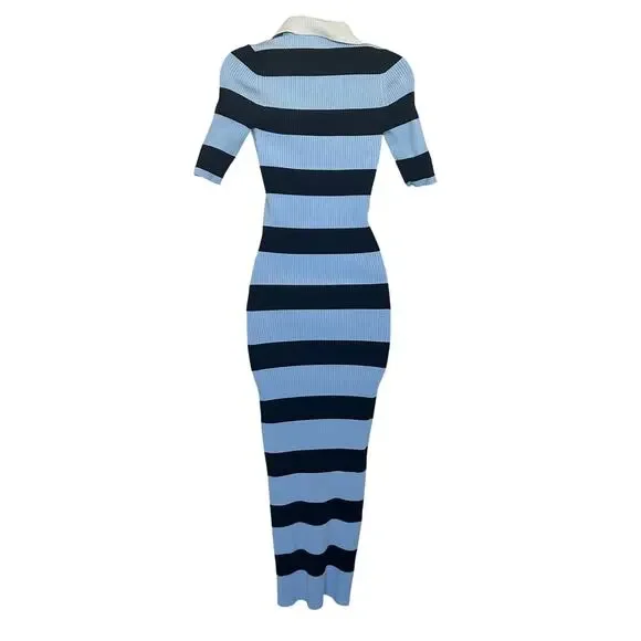 A.L.C. Blue Black Stripe Polo Midi Dress XL Preppy Ribbed Knit Designer $500 - Picture 6 of 12